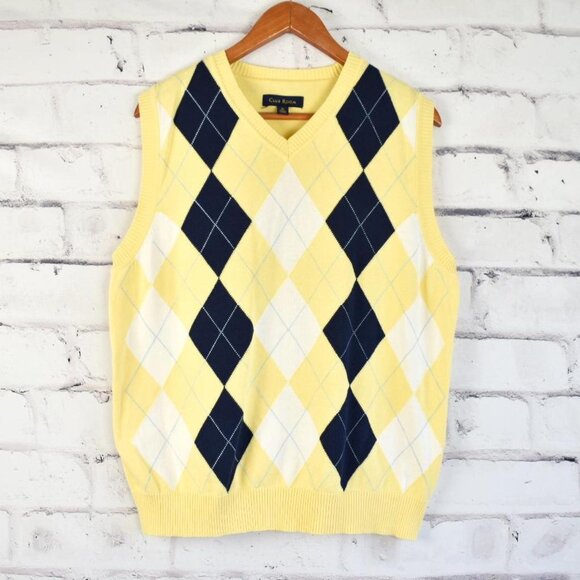 Light Academia Yellow and Navy Argyle Sweater Vest M - Picture 1 of 6